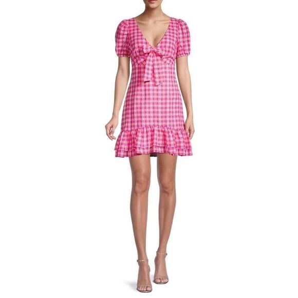 NWT LIKELY Kai Check Ruffle Hem Puff Sleeve Mini Dress in Fuchsia Multi size 10 - Picture 1 of 15